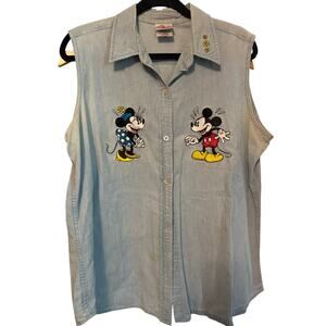 Disney Sleeveless Denim Top Embroidered Mickey  Minnie Button up women’s XL